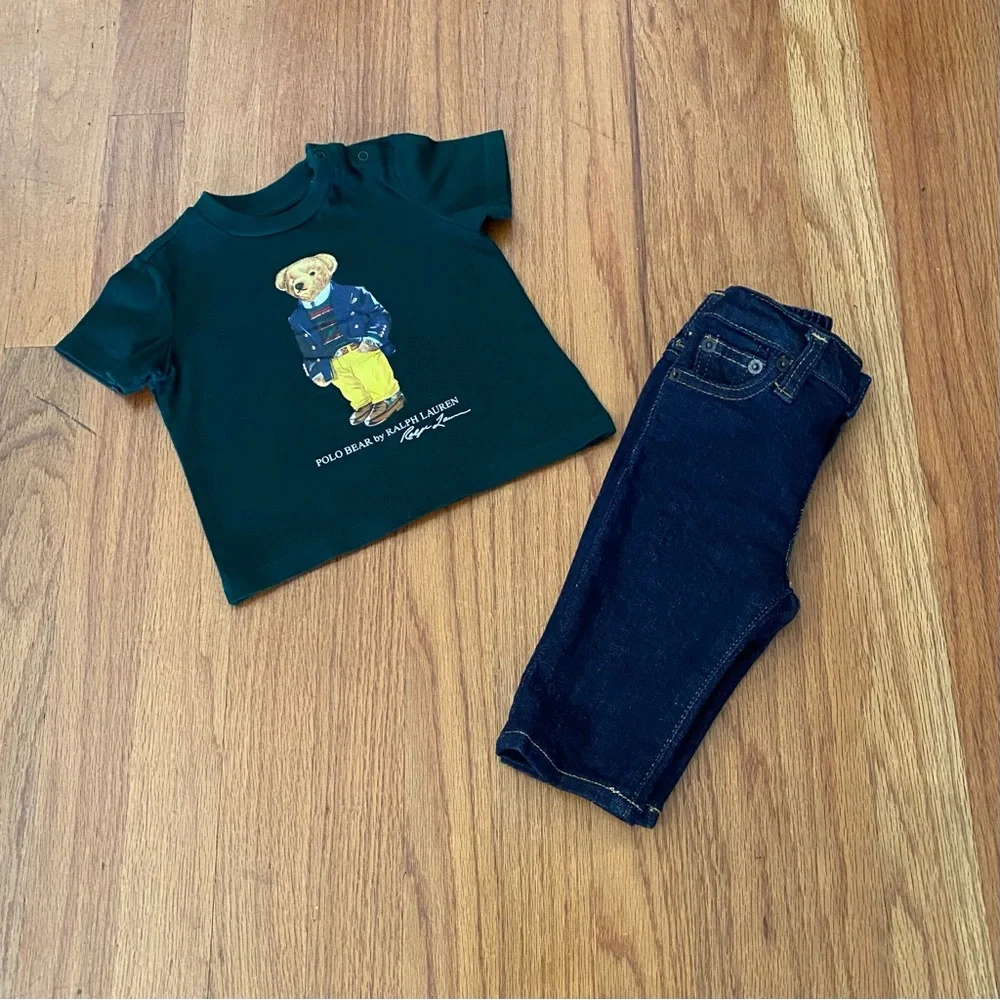 Ralph Lauren Green Bear Graphic Tee and Dark Jeans Set